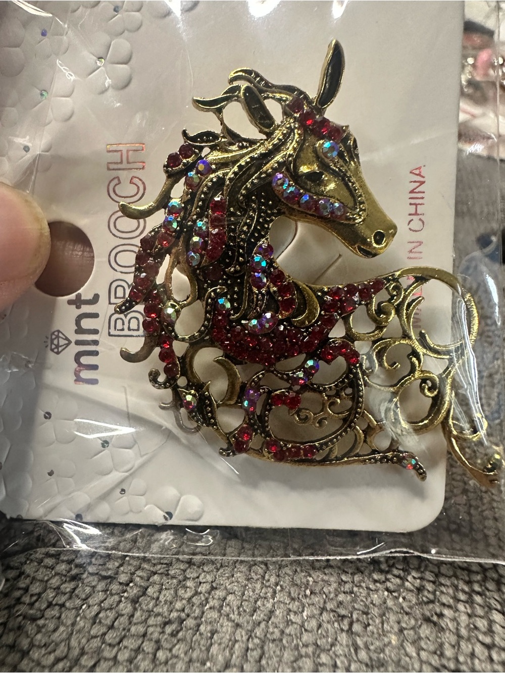 Mint Gold-Tone Horse Brooch with Red and Iridescent Rhinestones